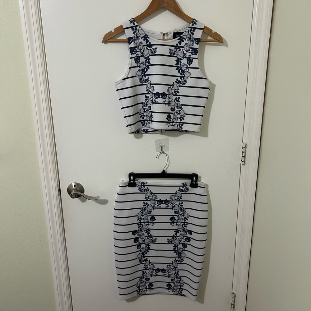 MINKPINK Navy and White Striped Floral Skirt Set